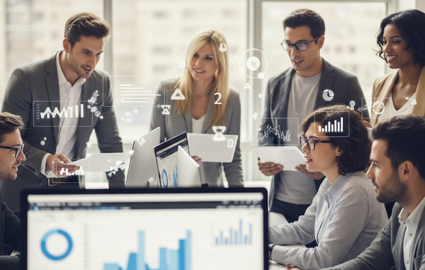 Professionals collaborating in a modern office, surrounded by abstract representations of data visualizations and reports.