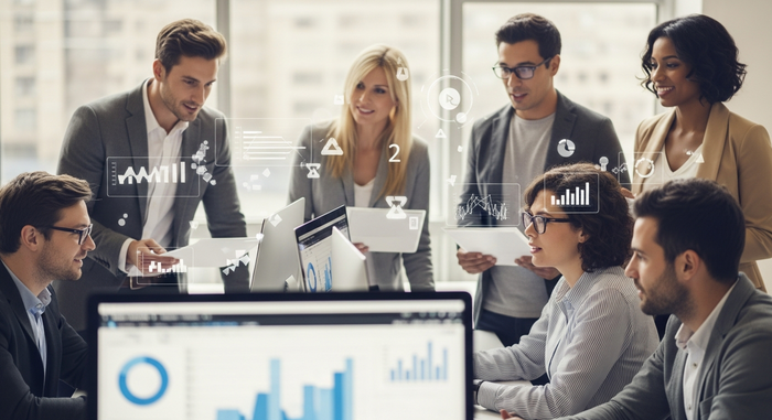 Professionals collaborating in a modern office, surrounded by abstract representations of data visualizations and reports.